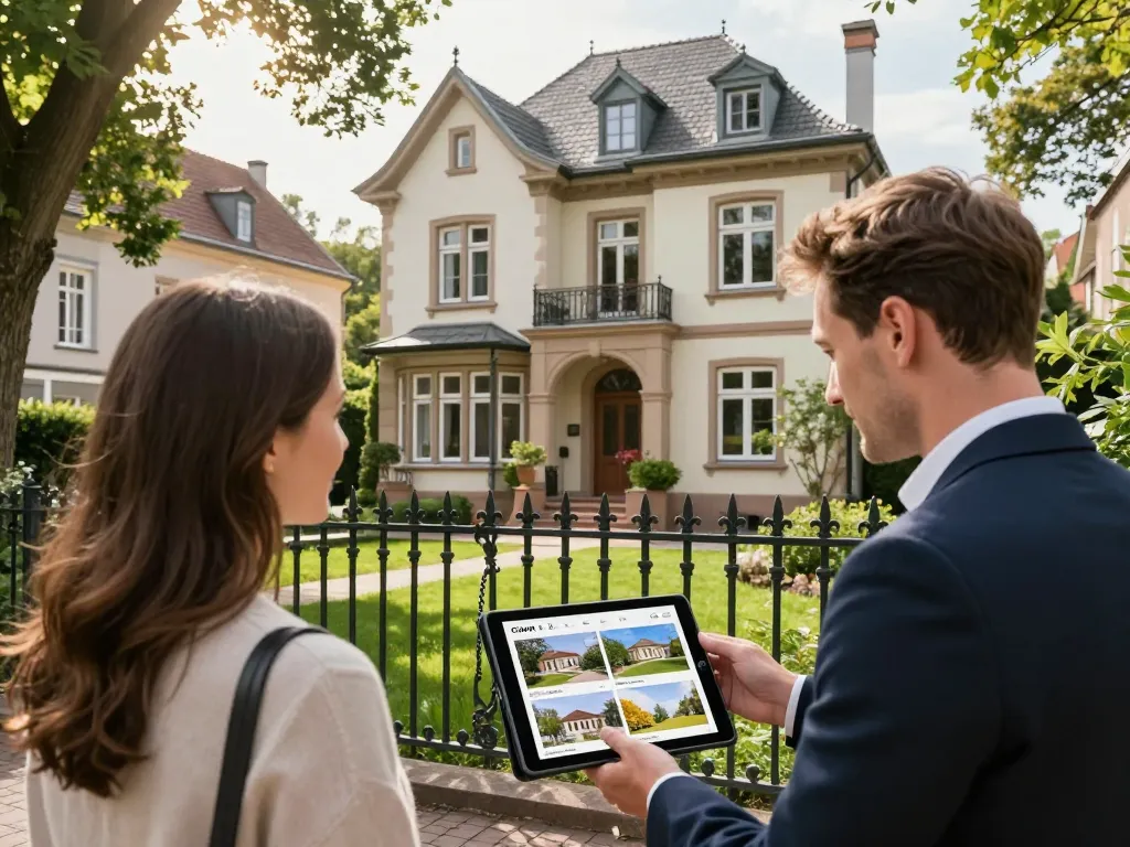 Immobilienmakler Frankfurt Dornbusch präsentiert eine charmante Villa interessierten Käufern in einer malerischen Nachbarschaft.