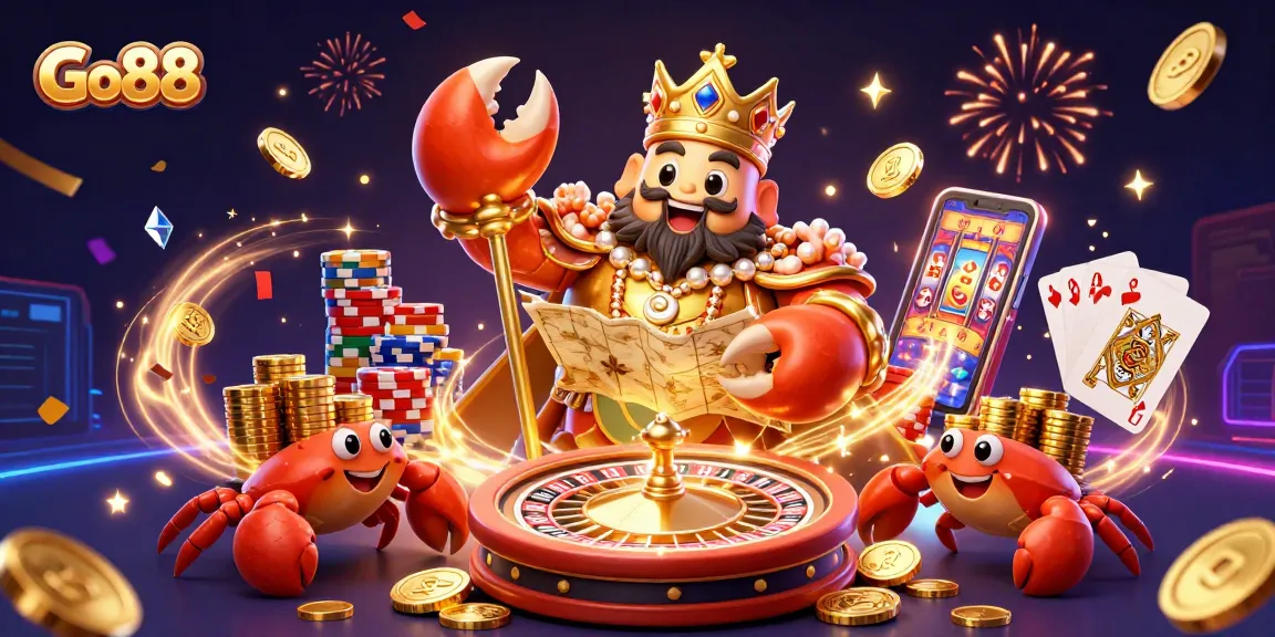 Go88 engages players with a dynamic scene featuring a massive golden crab emperor in a thrilling casino setting.