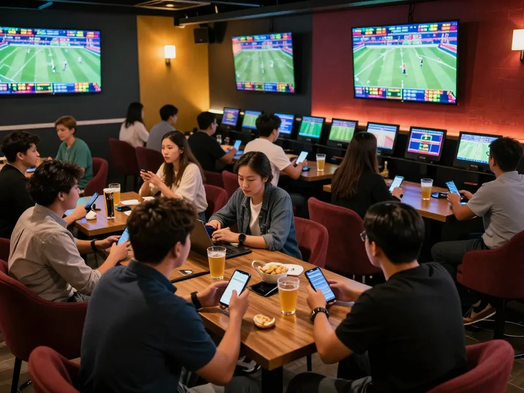 Engaged sports betting patrons using sunwingo app on their smartphones in a lively lounge.