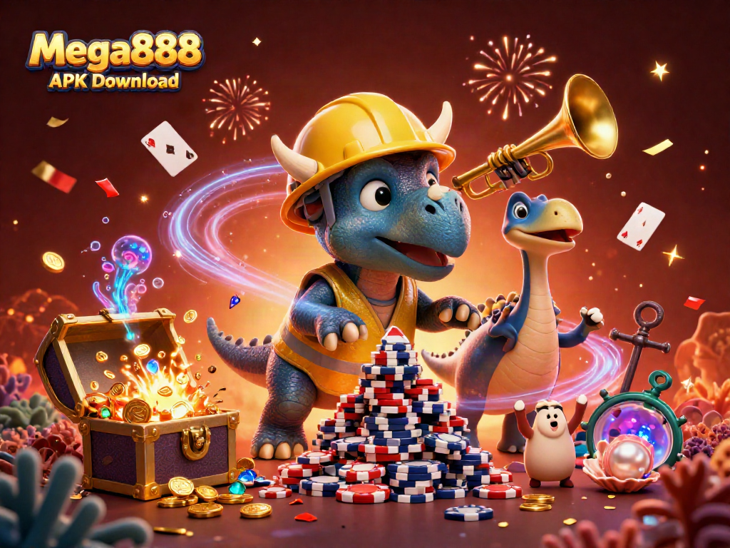 Mega888 APK Download showcases a vibrant 3D casino illustration with dynamic game elements.