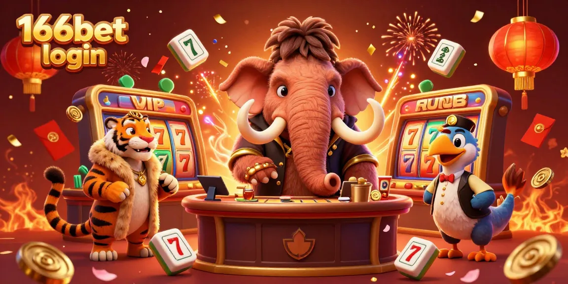 Experience the excitement of 166bet login with this vibrant 3D casino scene featuring a woolly mammoth and other fun characters.