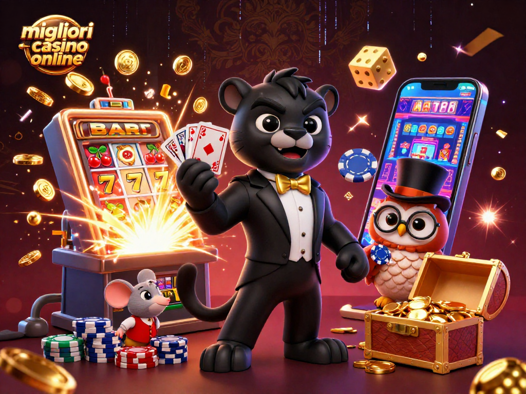 Illustrazione 3D di un pantera elegante che distribuisce carte nei migliori casino online, con un gufo e un topo fortunato.