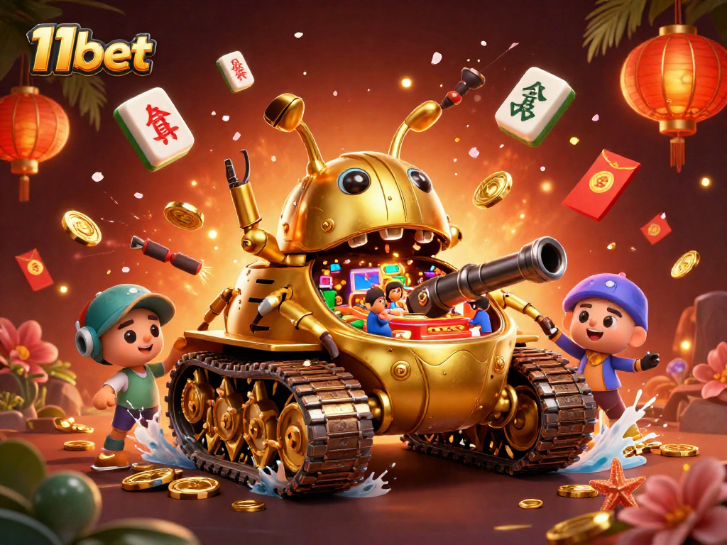 Explore the vibrant 11bet scene with a golden beetle tank casino, confetti, and dynamic game elements.