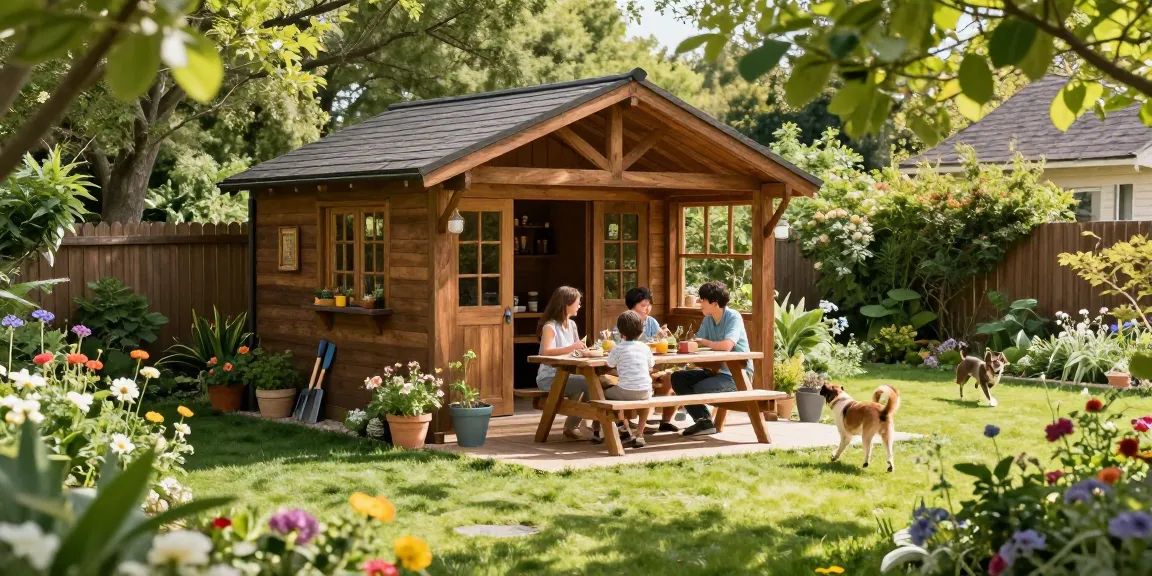Hübsches Gartenhaus in einem blühenden Garten mit Familie und gemütlicher Atmosphäre