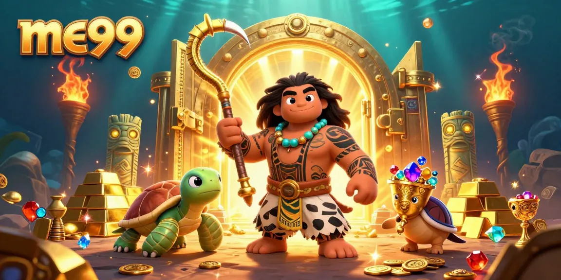 Experience me99's vibrant gaming world with golden treasures and enchanting characters.