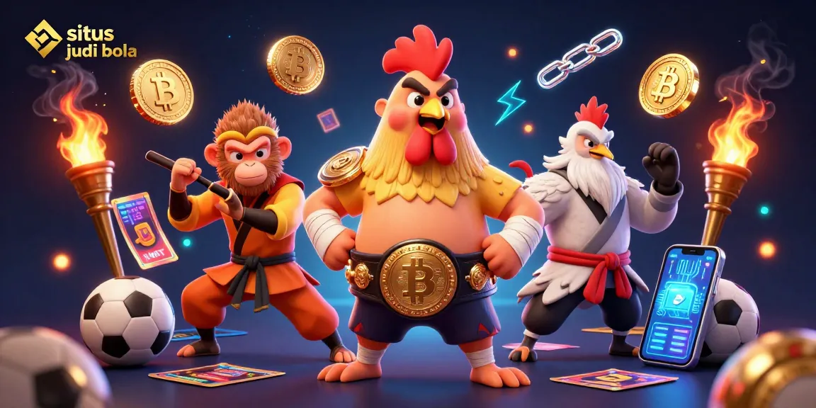 Engage in thrilling sports betting at situs judi bola with vibrant characters and crypto elements in dynamic 3D illustration.