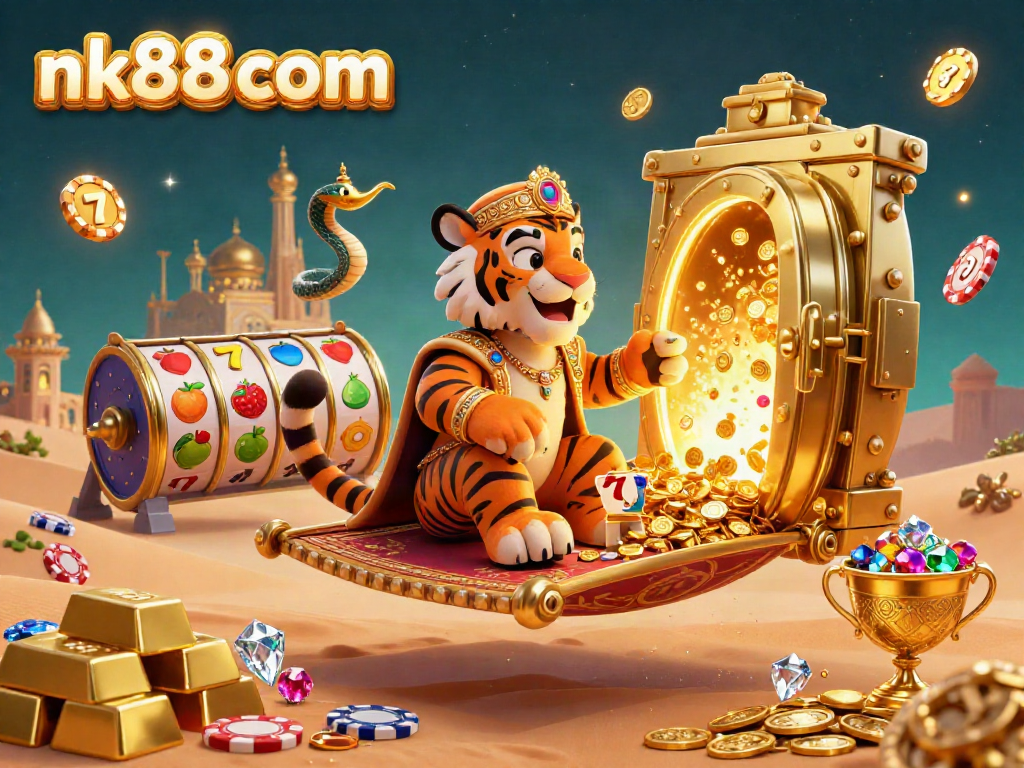 Engaging scene showcasing the nk88 com brand with a vibrant tiger sultan and casino elements that highlight jackpots.