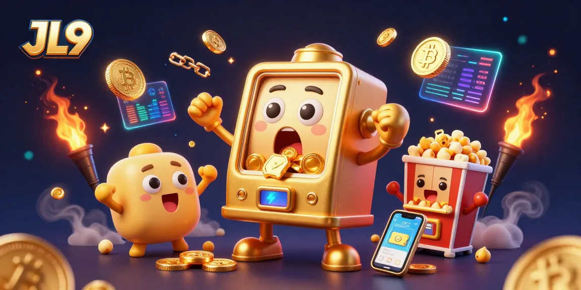 JL9 slot machine hitting a jackpot with coins pouring out, surrounded by cheering baby slots and crypto elements.