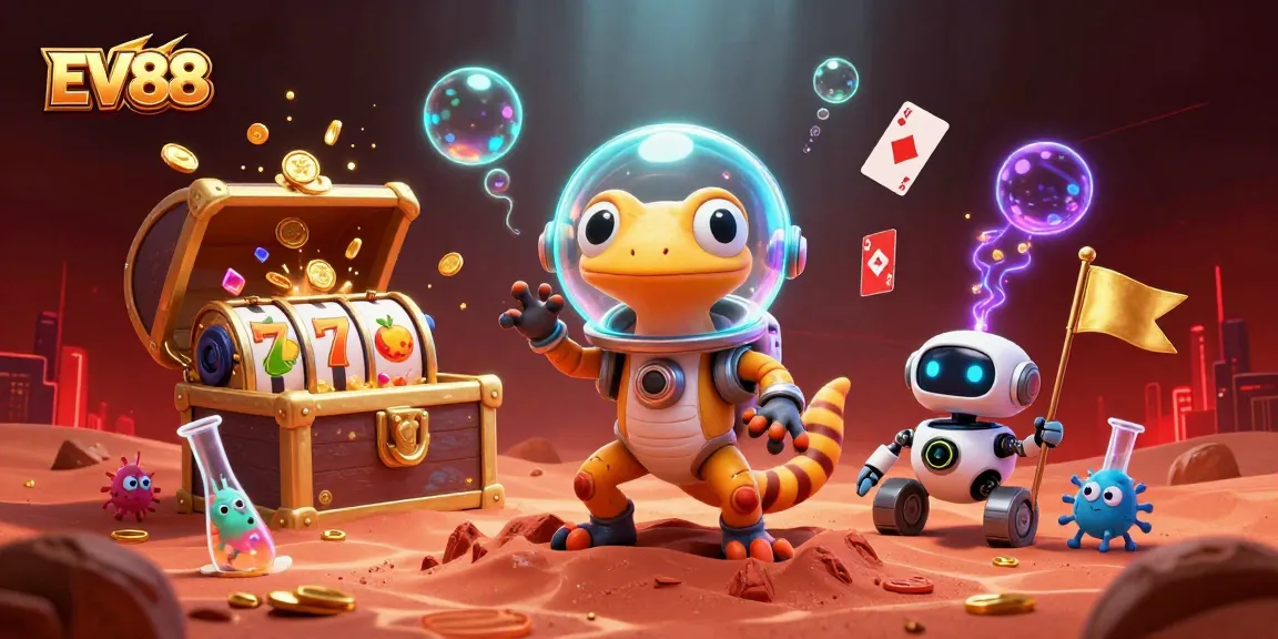 Explore thrilling wins at EV88 with a vibrant 3D casino scene featuring games and excitement.