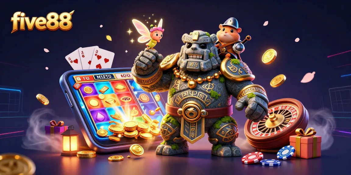 Experience exciting gameplay with five88, featuring a vibrant illustration of casino elements and enchanting characters.