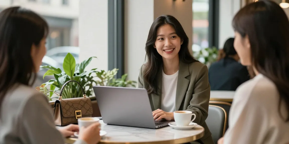 Gái gọi thể hiện phong cách tự tin và chuyên nghiệp tại quán cà phê hiện đại.