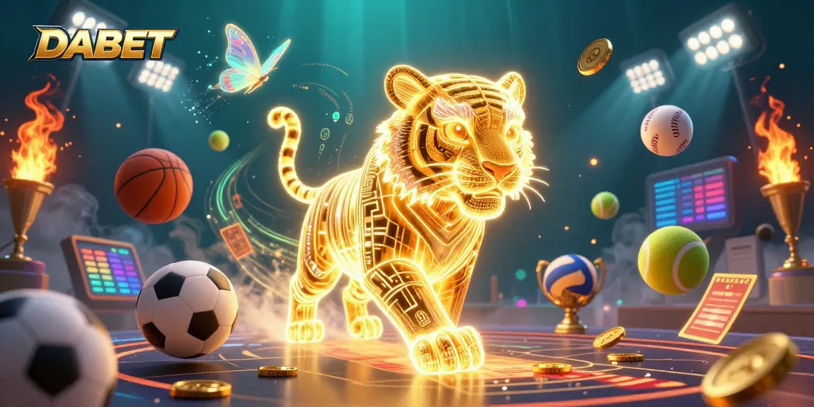 DABET captures casino excitement with a neon tiger, flying sports balls, and glowing elements.