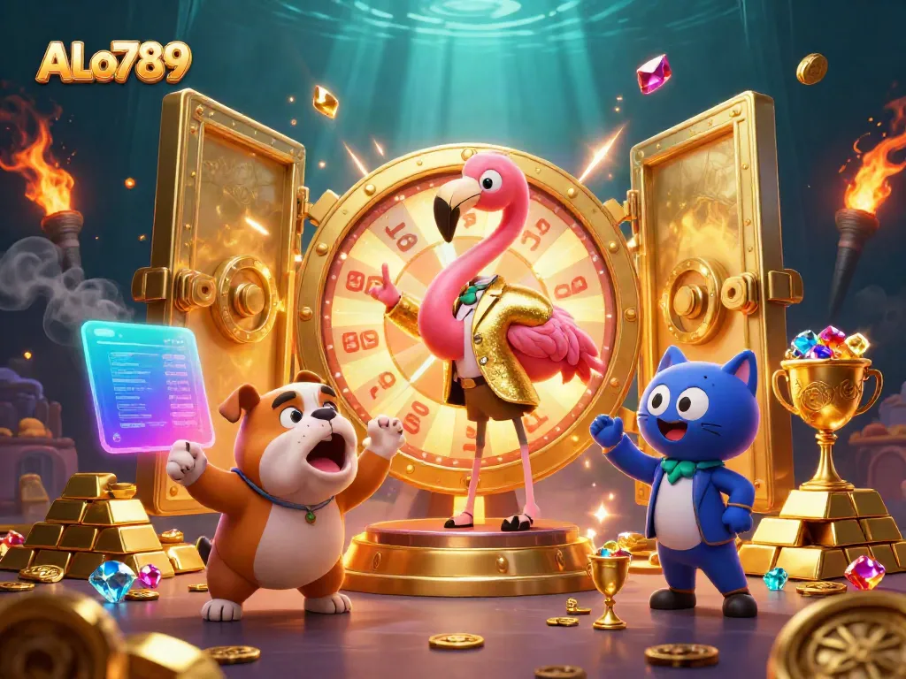 Spin to win exciting prizes at ALo789 with a flamingo host and lively bulldog contestant!