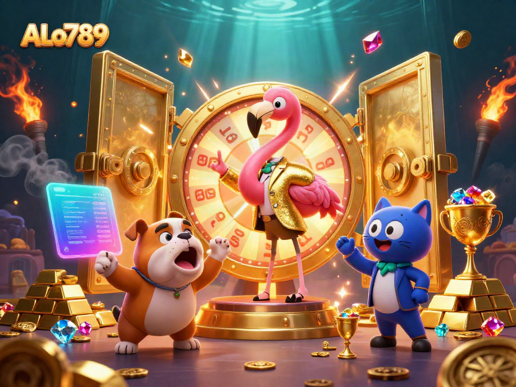 Spin to win exciting prizes at ALo789 with a flamingo host and lively bulldog contestant!