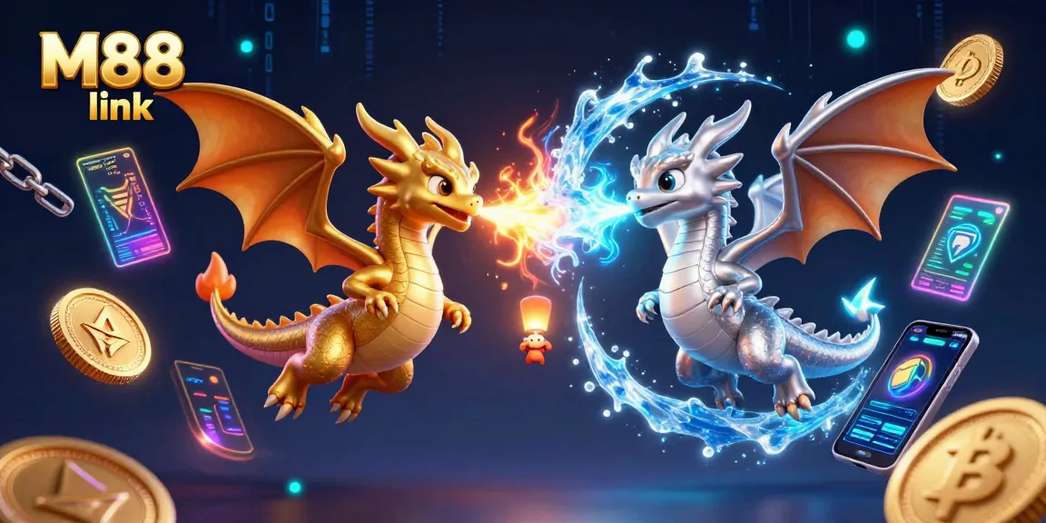 Engage with M88 link opportunities in a vibrant 3D casino scene featuring dynamic dragons and crypto elements.