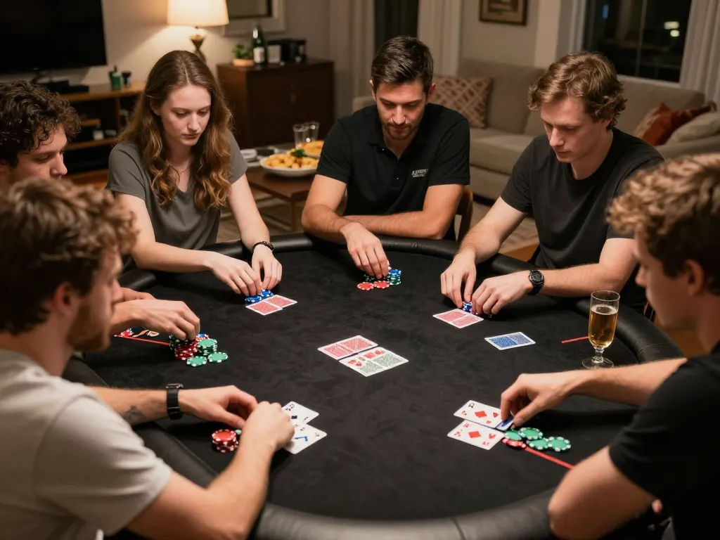 Players engaging in a private poker game at home using lc88 com, emphasizing social entertainment and strategic gameplay