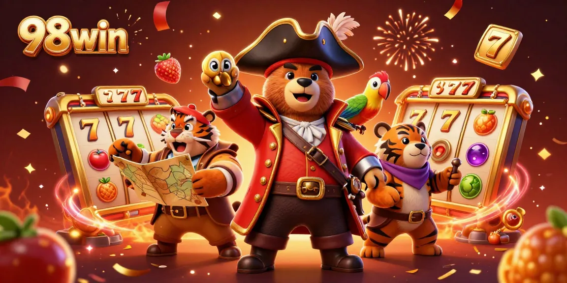 Experience thrilling action with 98win's vibrant casino adventures featuring a pirate, tiger, and treasure.