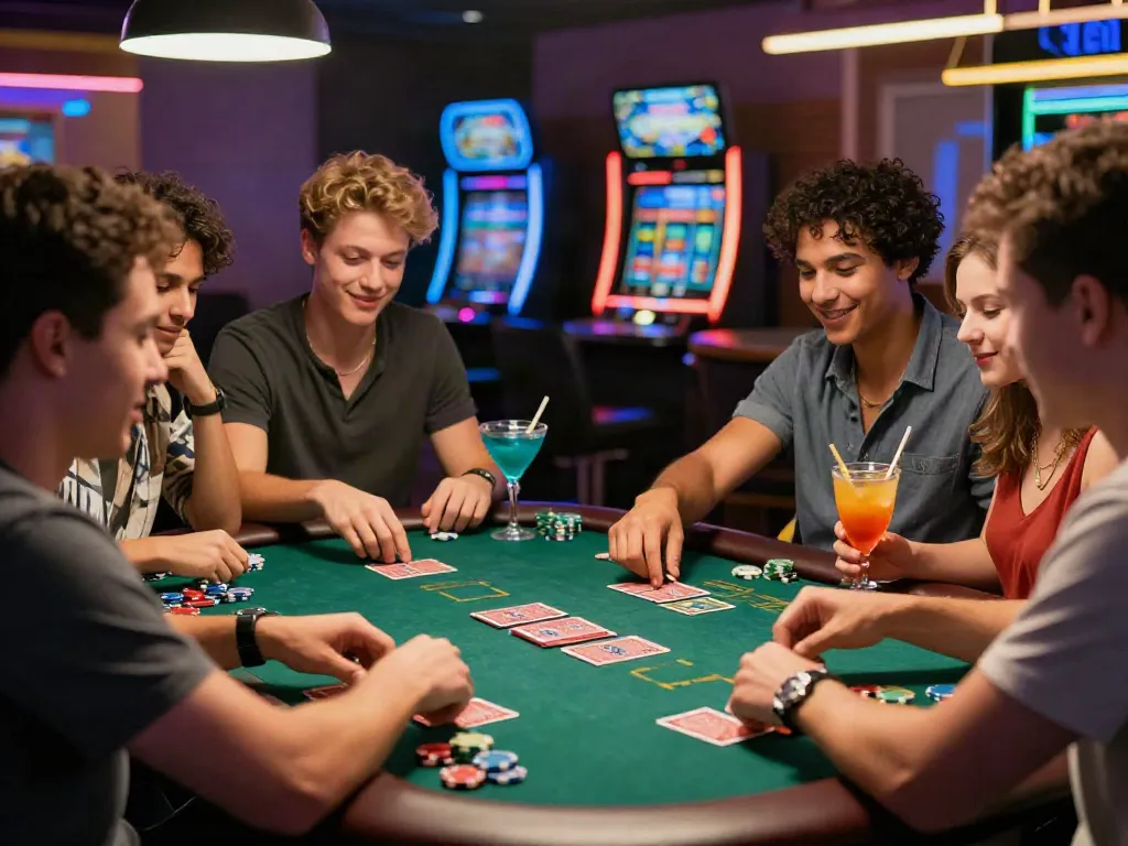 Friends enjoying Casinos Sans depots at a lively table game with colorful atmosphere.