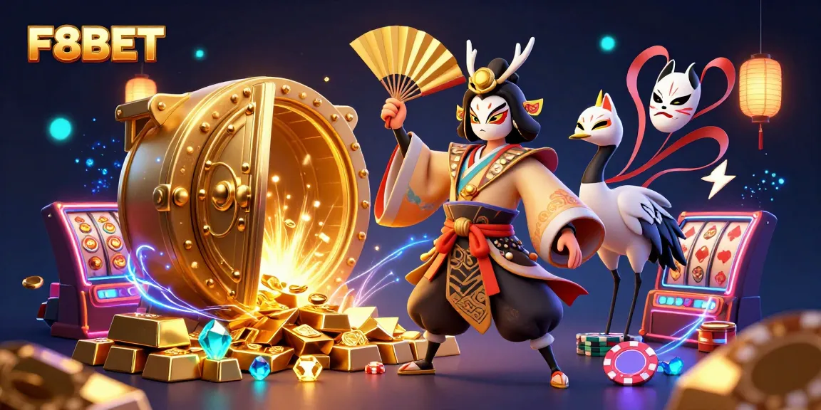 Experience the excitement of F8BET with vibrant casino elements, gold treasures, and dynamic characters.