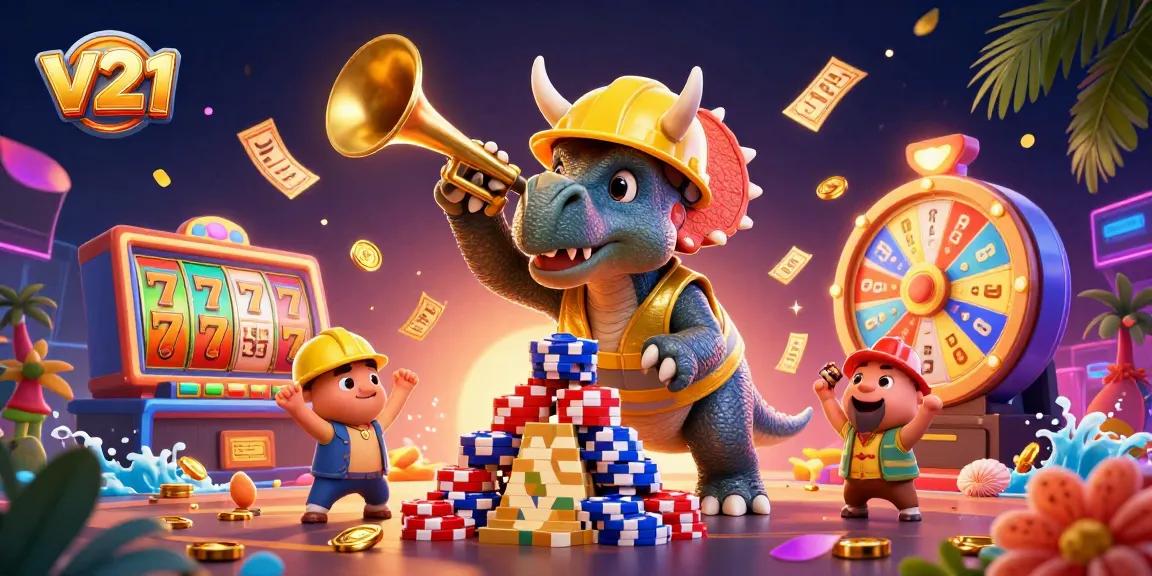 Menyimulasikan permainan kasino v21 dengan triceratops dan elemen slot yang ceria.