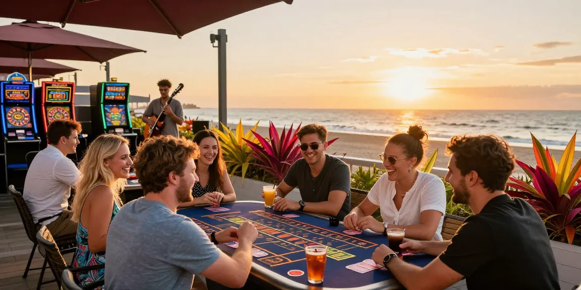 Group of friends enjoying drinks and games at a non UK casino terrace during sunset.