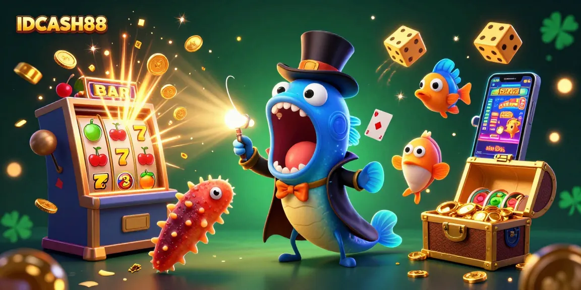 Spin the reels with IDCASH88 in a vibrant 3D casino scene full of animated games and gold coins.