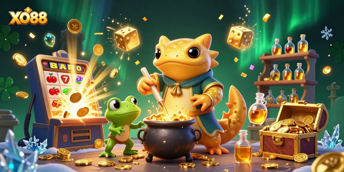 Experience the excitement of XO88 with a vibrant casino scene showcasing golden coins, slot machines, and captivating characters.