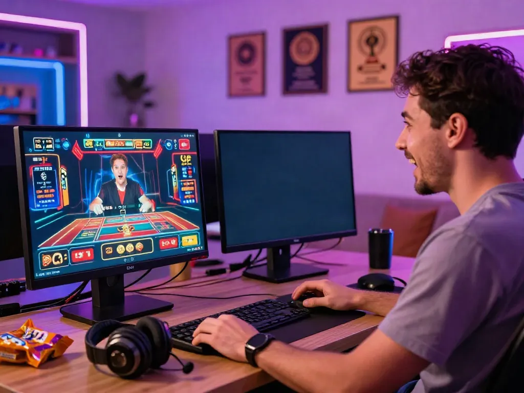 Exciting player enjoying online credit card casinos with dual screens and premium gaming setup.