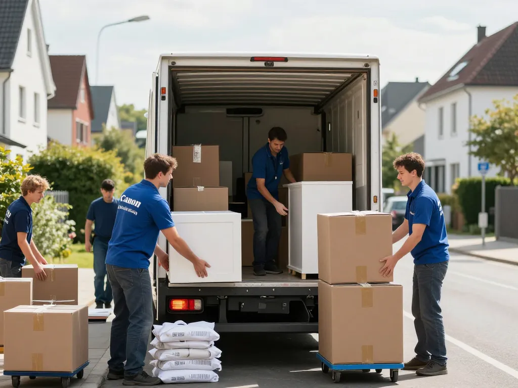 Effizientes Umzugsunternehmen Hannover-Team lädt einen Umzugswagen mit Kisten und Möbeln.