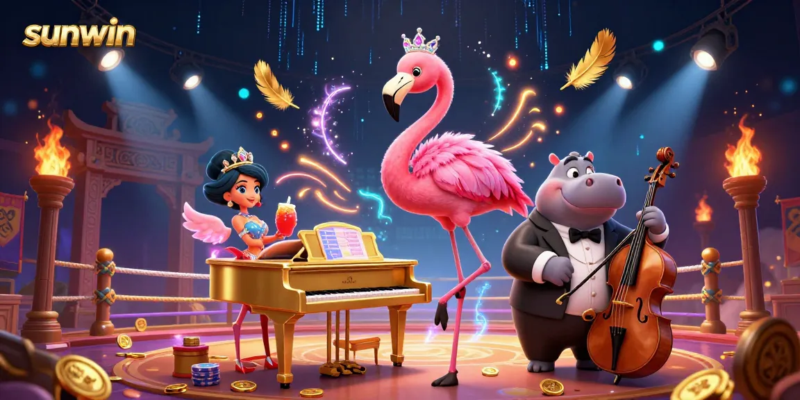 Experience sunwin's lively casino scene with a flamingo singer and hippo bassist vibrant 3D illustration.