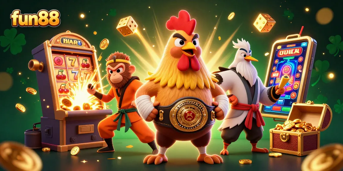Enjoy thrilling moments at fun88 with a dynamic illustration of Muay Thai rooster and casino excitement.