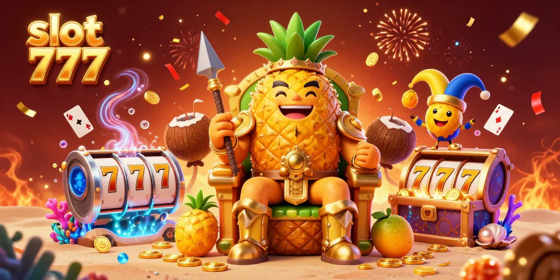 Experience the excitement of slot 777 with a vibrant 3D illustration filled with colorful characters and game elements.