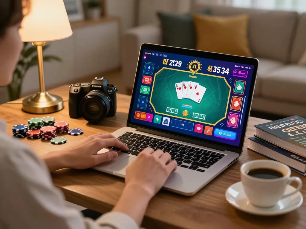 Nohu90 player engaged in online poker from home with vibrant game interface visible.