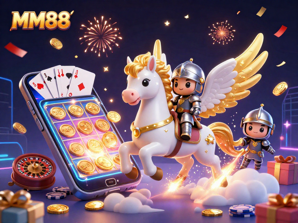 Experience the excitement of MM88: a knight rides a celestial horse amidst a vibrant casino scene.