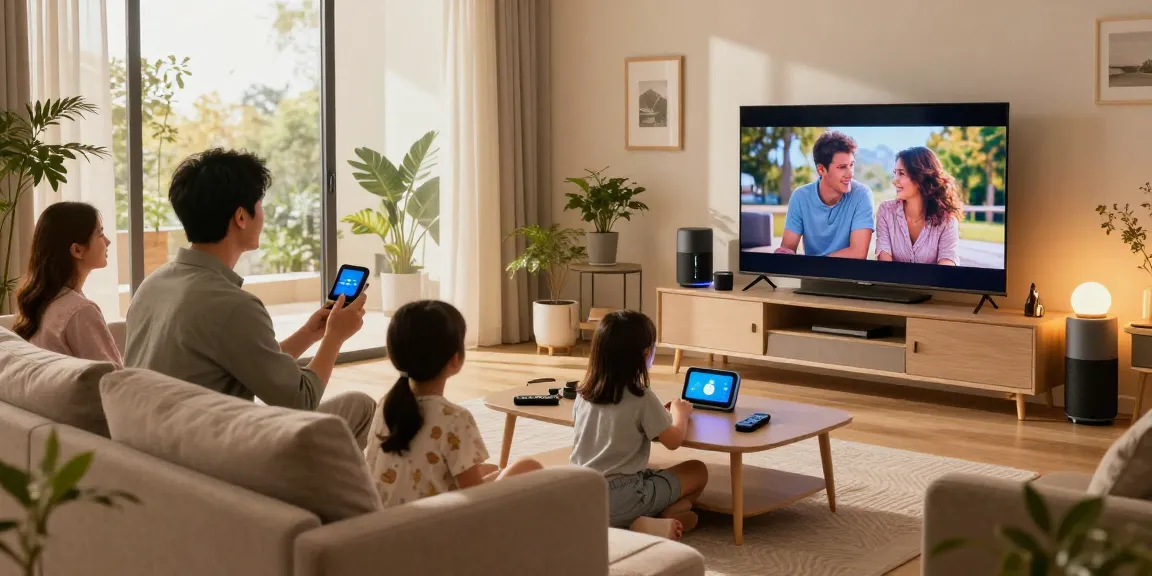 IKEA smart home integration in a modern living room with smart lighting and family interaction.