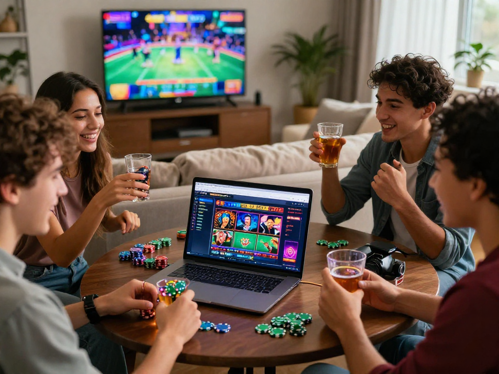 I migliori casinò online con amici che giocano insieme intorno a un laptop in un ambiente accogliente