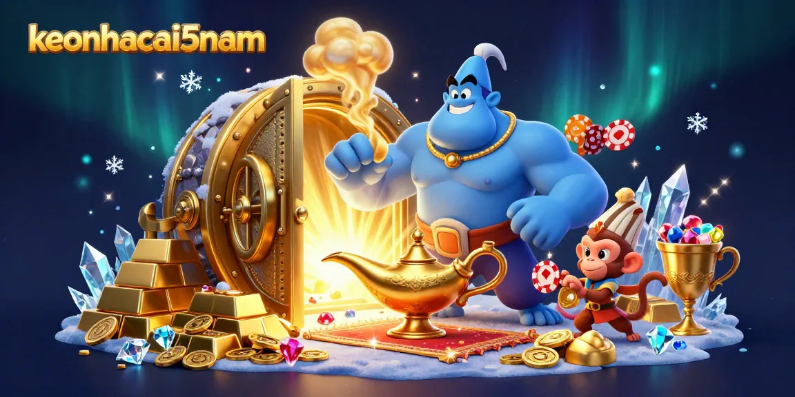 Experience the thrill of keonhacai5nam with a dynamic 3D casino scene featuring a magical genie and treasure.