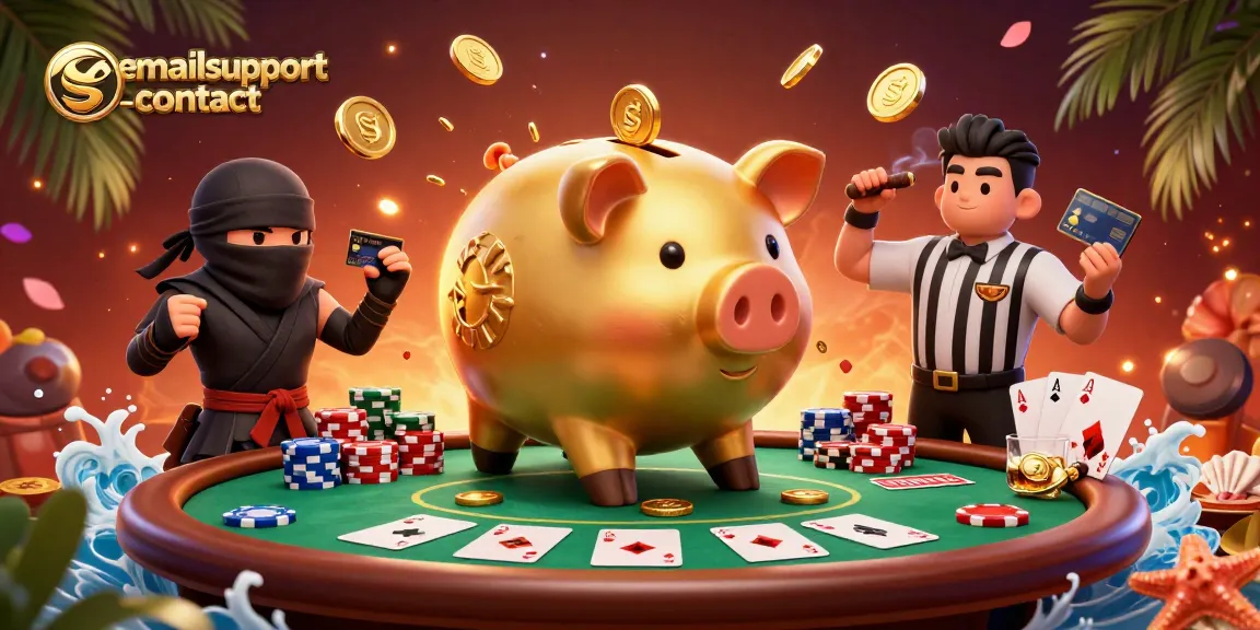 Engage with emailsupport-contact offers as a golden piggy bank sumo wrestler steals the spotlight at a high-stakes poker showdown.