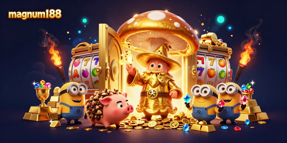 Engage in winning slots with magnum188's vibrant characters amidst a magical treasure backdrop.