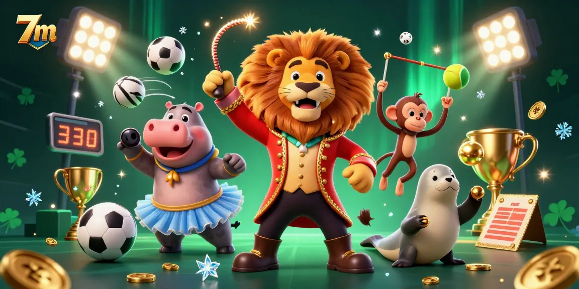 Experience thrilling outcomes with 7m as the vibrant lion ringmaster leads lively circus performers amidst dynamic sports elements.