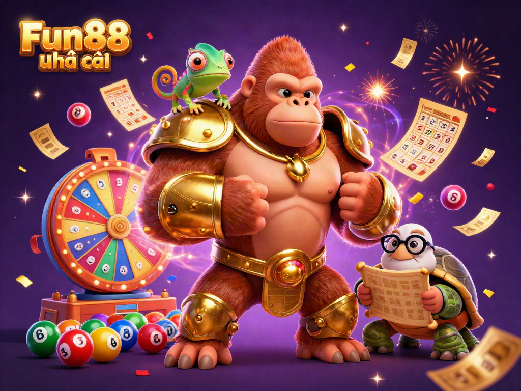 Engaging 3D scene showcasing Fun88 nhà cái with a gorilla, chameleon, and tortoise in a dynamic casino-themed setting.