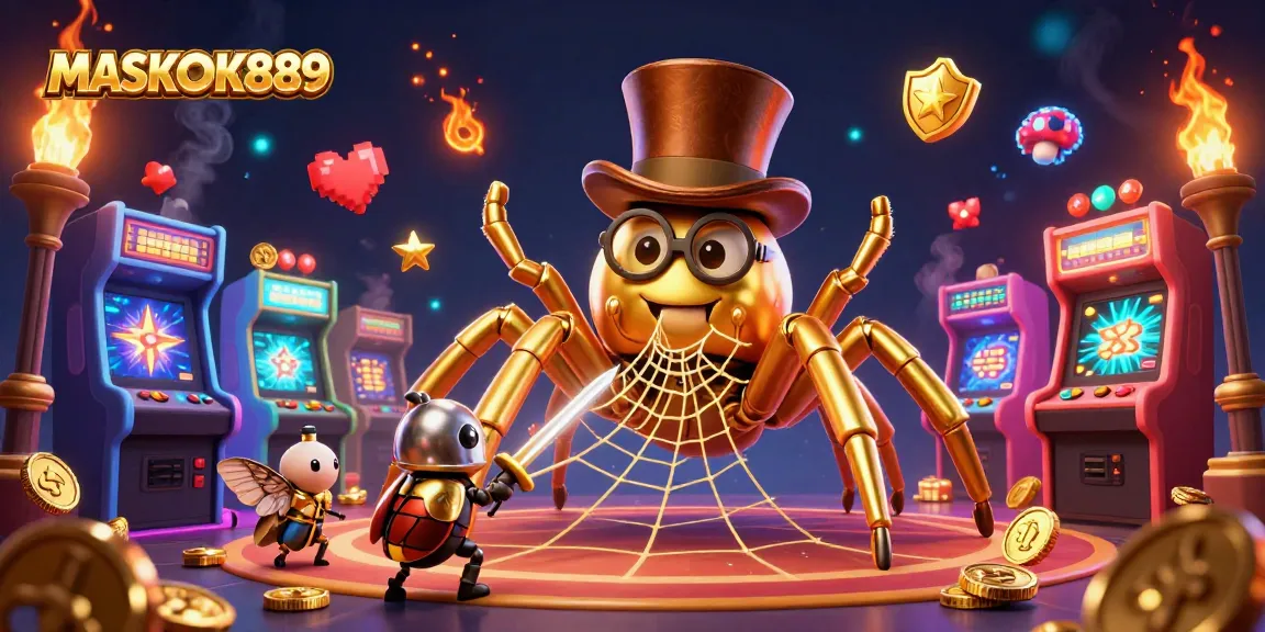 Join the adventure at MASKOKI889 with a brave beetle knight facing a golden tarantula in a vibrant casino scene.