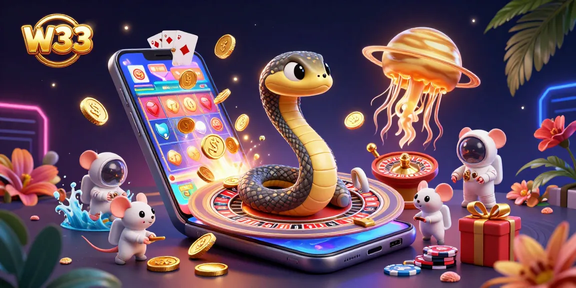 Experience the excitement at w33 casino with a vibrant cosmic gaming illustration featuring roulette and slot elements.