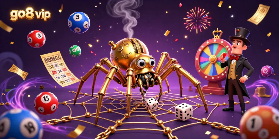 Engaging 3D illustration featuring go8 vip, showcasing a steampunk spider in a dynamic gambling scene with vibrant lottery elements.