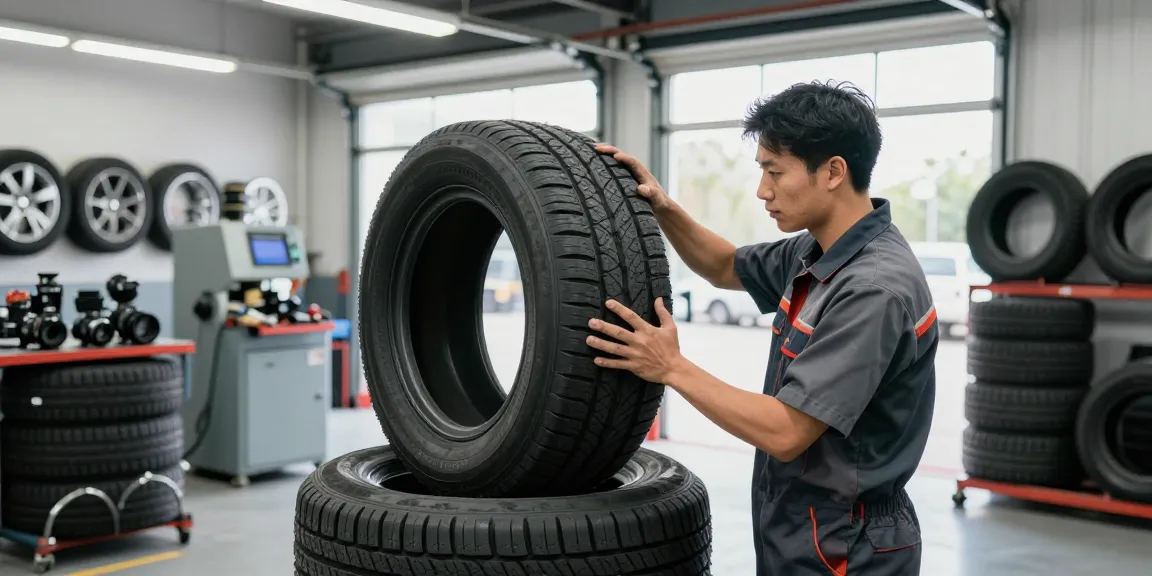 Professional technician evaluating Double Coin RR99 tire in busy workshop.