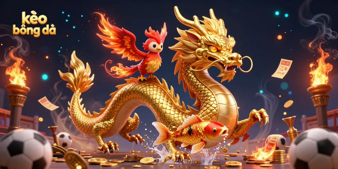 Bet on kèo bóng đá with a fierce golden dragon and phoenix illustrating the excitement of sports betting.