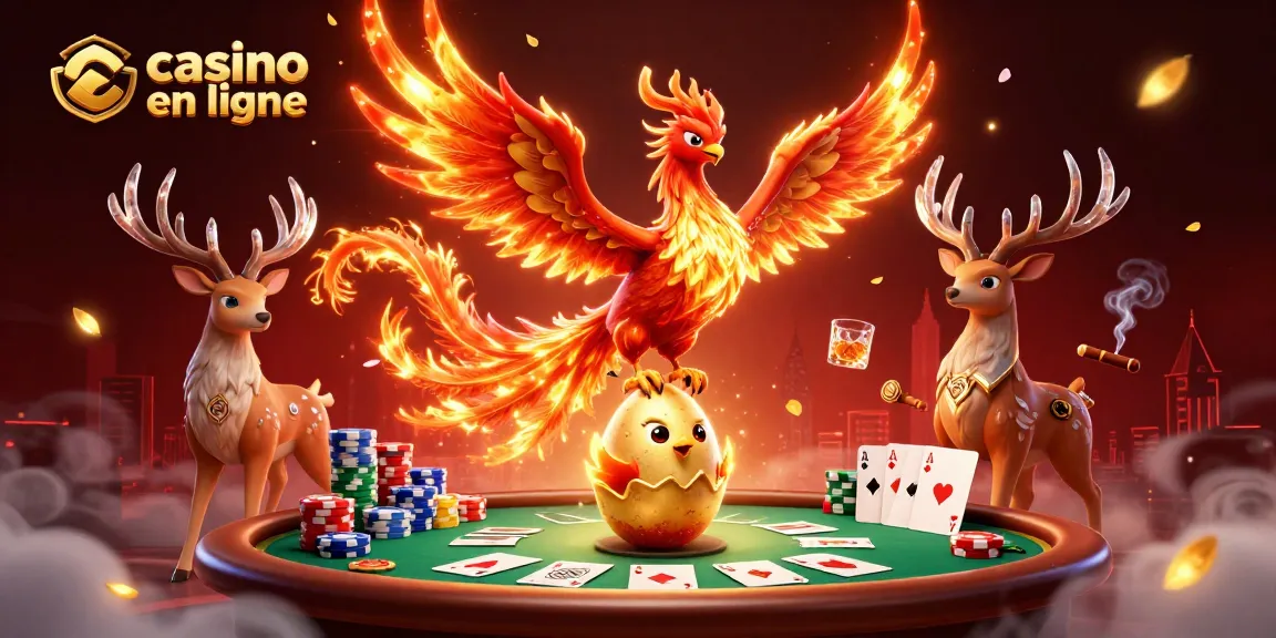 Jouez à des jeux de casino en ligne avec ce visuel captivant représentant un phoenix et un tableau de poker.