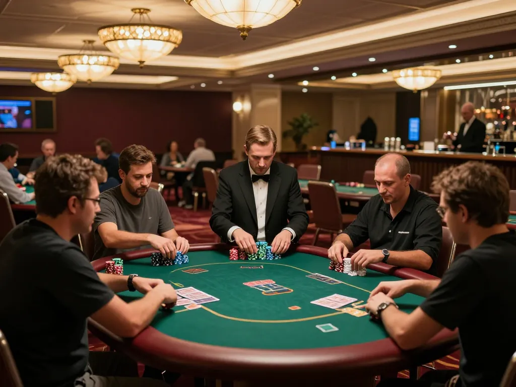 Engaged players at da88 poker table in an upscale casino atmosphere showcasing strategic gameplay.
