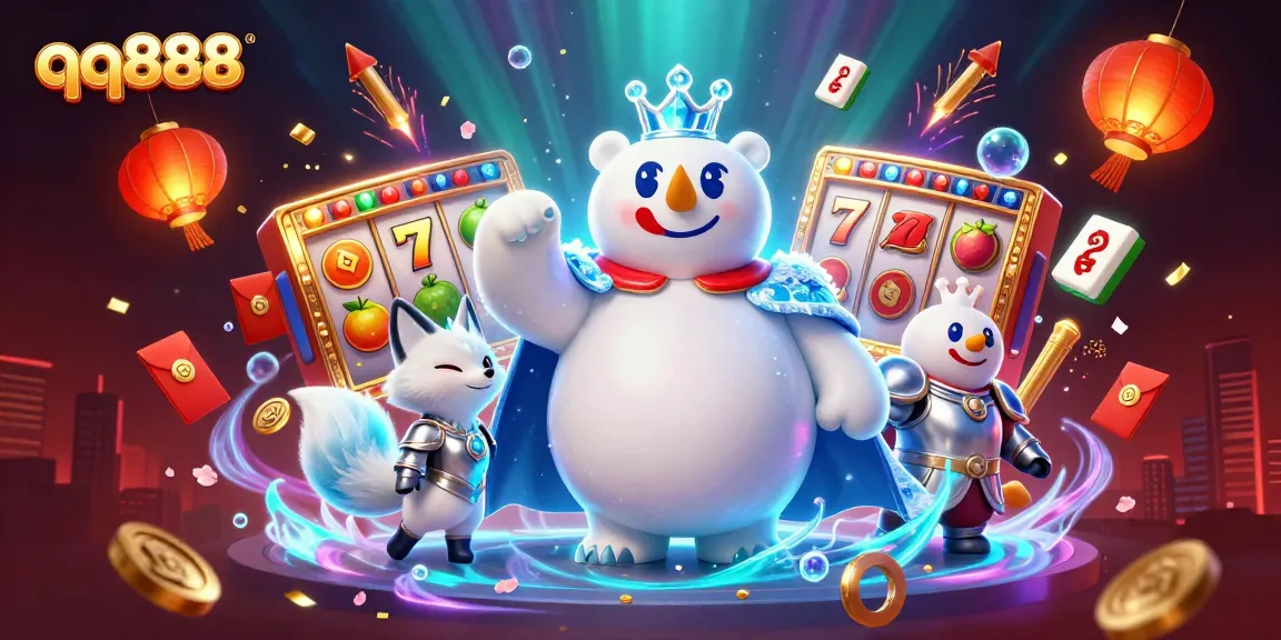 Enhance your gaming experience with qq888 in this vibrant, high-energy casino scene filled with lucky symbols.