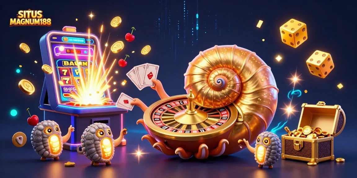 SITUS MAGNUM188 showcases an epic casino scene featuring an ancient nautilus roulette wheel and jackpot explosion.